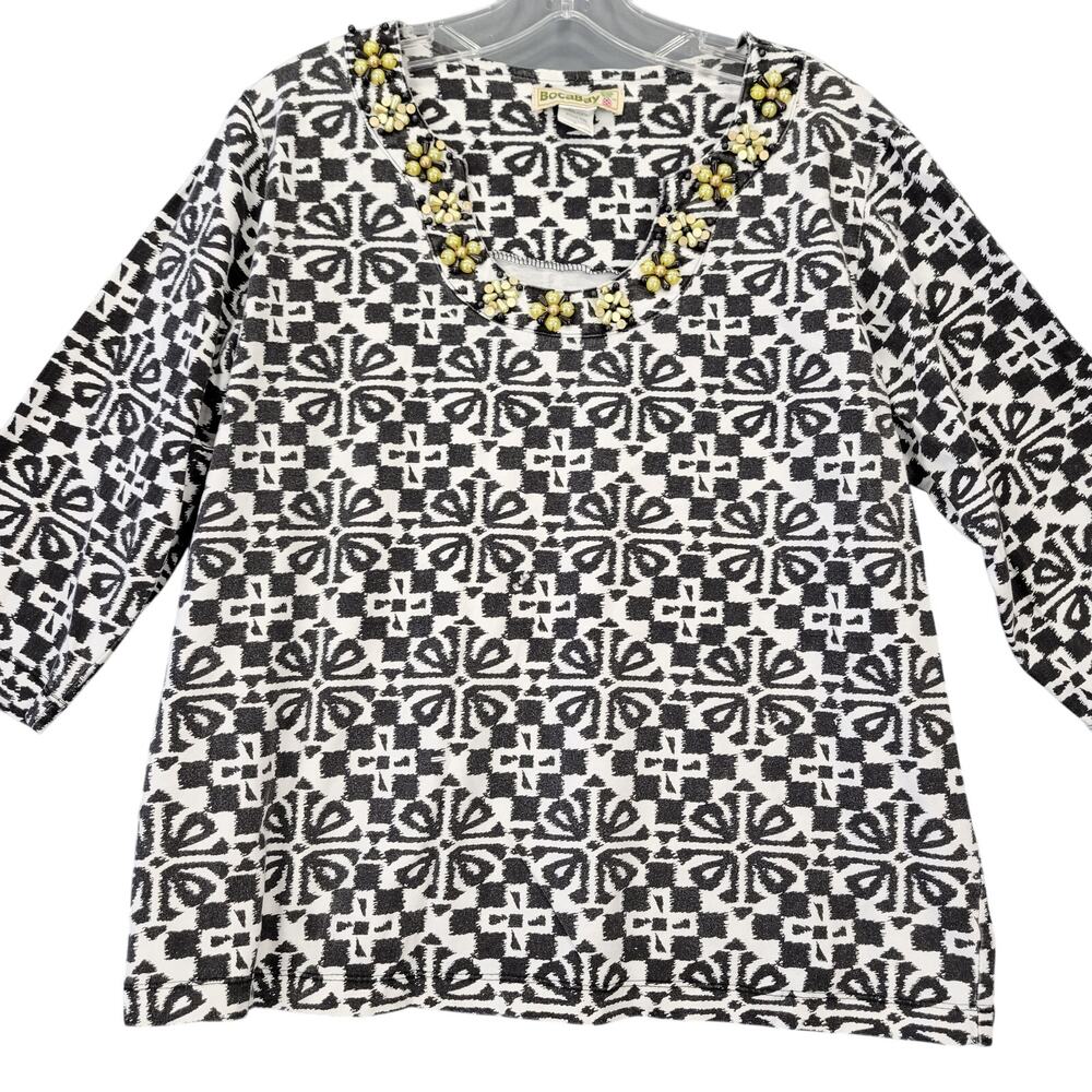 BocaBay White Black Shirt Preppy Beaded Scoop Classic 3/4 Sleeves Womens Size L
